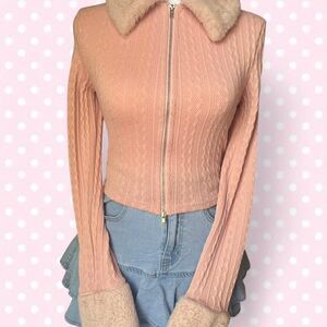 Shein Women's Pink Zip Up Fur Jacket